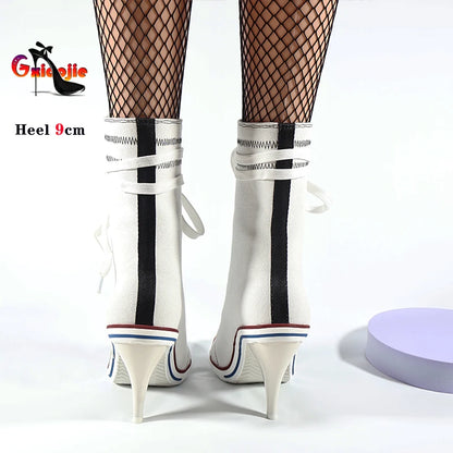 Sport Style Lace Up Denim Boots Ladies Retro Cowboy Dress Shoes Female Unique Shoes Casual Studded High Heels Spring Autumn Boot