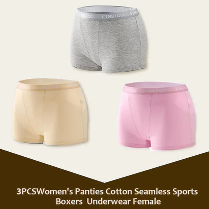 3Pcs Women's Cotton Boxers Panties Seamless Sports Underwear Female Solid Color Briefs Lingerie Intimate Underpant Finetoo S-XXL