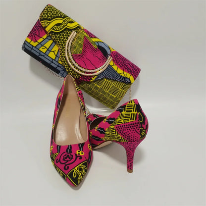 Fashion African Women Wedding Party Wax Shoes and Bag to Match Nigeria Ankara Style Print Shoes Bag Set F1110-1