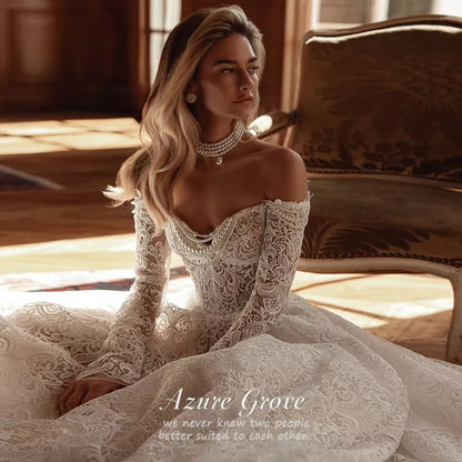 Azure Grove Customized Sweetheart Long Sleeve Pearls A Line Wedding Dresses Illusion Pearls Court Train Vintage Bridal Gown