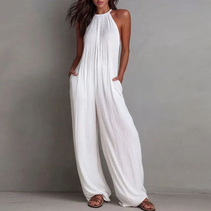 Women's Halter Sleeveless Jumpsuit New Beach Vacation Textured Overalls with Pockets Wide Leg Romper Casual Spring Summer Outfit