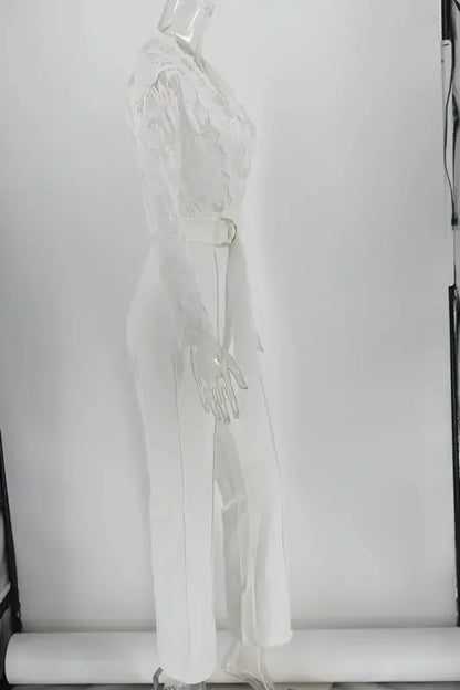 White Jumpsuit Women Overalls Elegant Lace Long One Piece High Waist Feather Y2k Sexy Wedding Party Night Evening Rompers