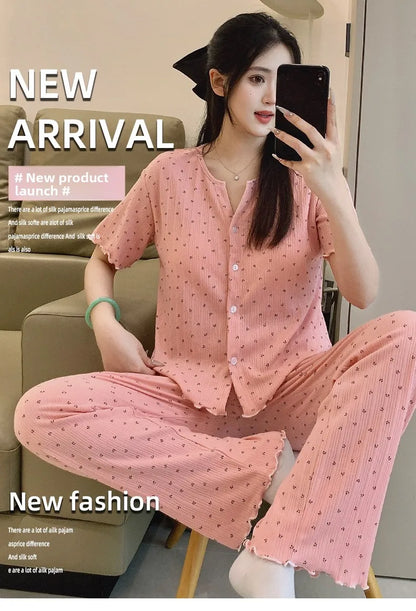 Cotton Fabric Floral Cardigan Printed Pajamas for Women Short-Sleeved Top and Long Pants Sleepwear Homewear Set Ladies Nightwear