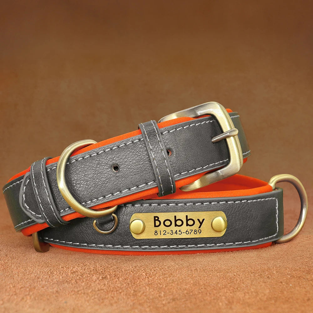 Personalized Dog Collar Leash PU Leather Dogs Collars Pet Rope Engraved Pet ID Name Necklace for Small Large Dogs Soft Padded
