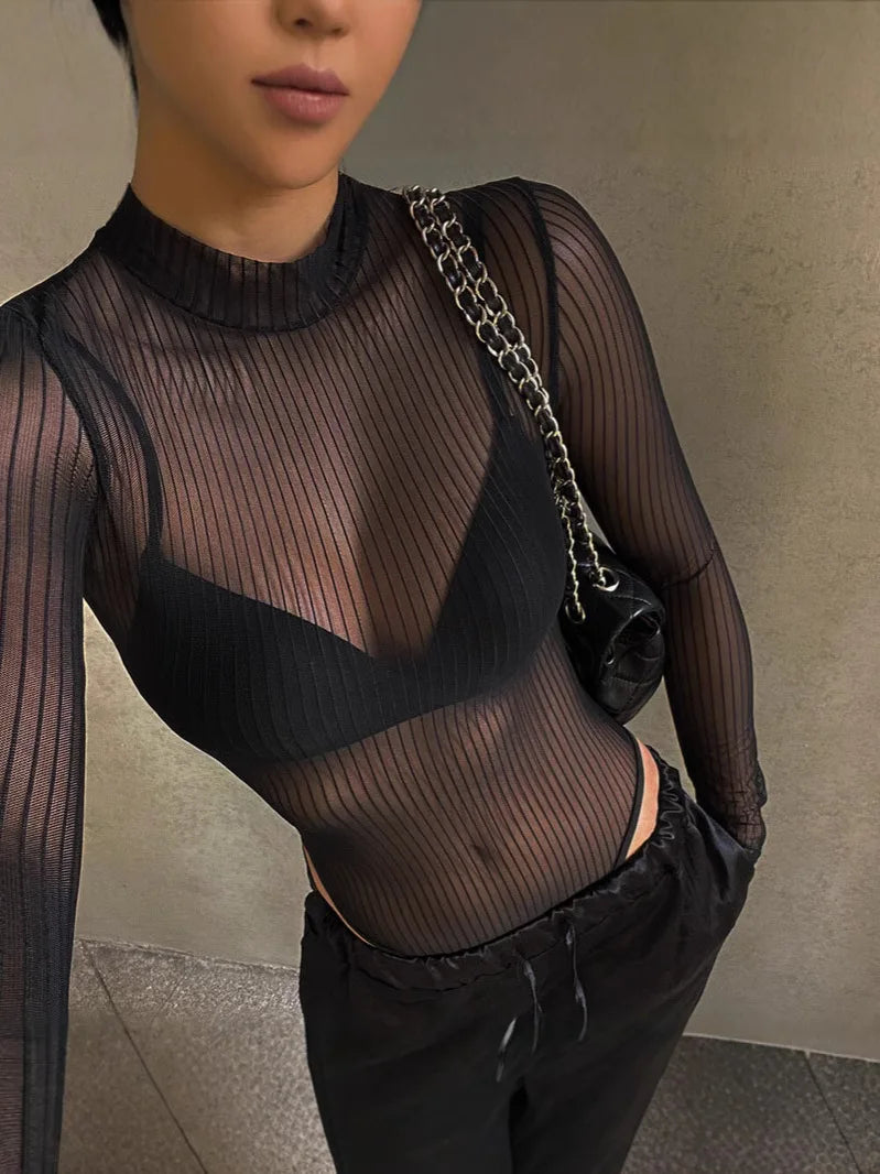 2026 New Arrival Y2K Black Sexy Spicy Girl Style Backless Cutout Lightly Mature Elegance Striped Mesh Sheer Sensual Long Sleeve