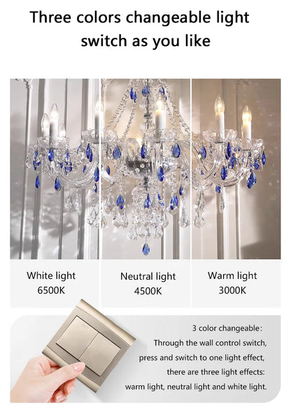French Blue Romantic Crysatl Chandeliers Light Luxury Glass Living Room Art Decor Candle Pendant Lights Lighting Bedroom Lamps