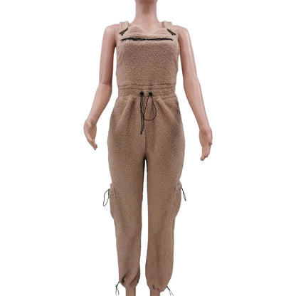 Lace Up Jumpsuit Women One Piece Jumpsuits Fur Rompers High Waist Spring Autumn Pants Mom Overalls Playsuits Elegant Pink