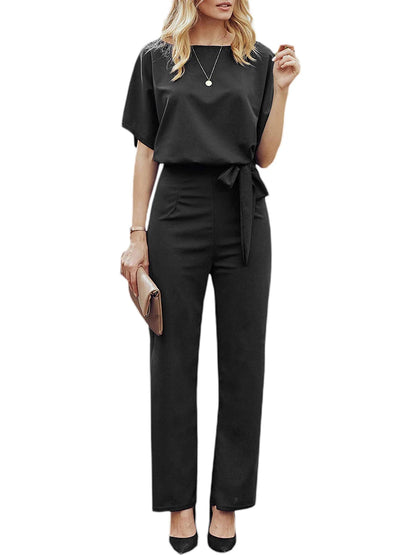 Women's clothing summer 2024 Jumpsuit, Elegant Short Sleeve Hollowed Waist Tie Solid Summer Wide Leg Pants
