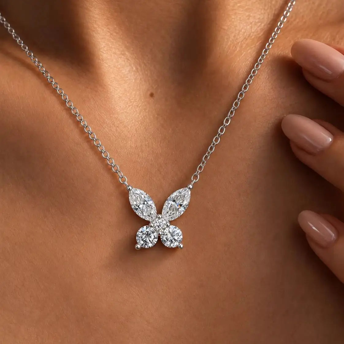 925 Sterling Silver Butterfly Collarbone Necklace for Women – Fully Pave-Set with 1.6 Carat Moissanite – Romantic Style