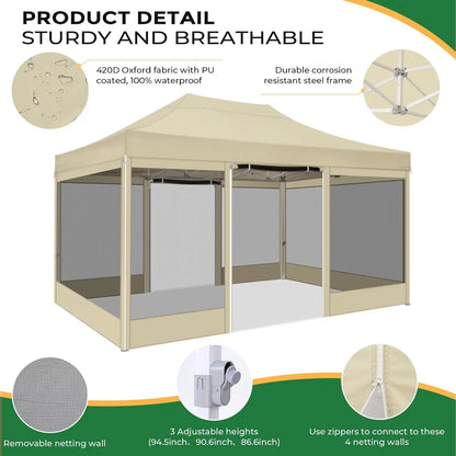 10x15 Pop Up Canopy with 4 Sidewalls, Heavy Duty Gazebo Tent, Mosquito Netting, Easy Setup, Khaki