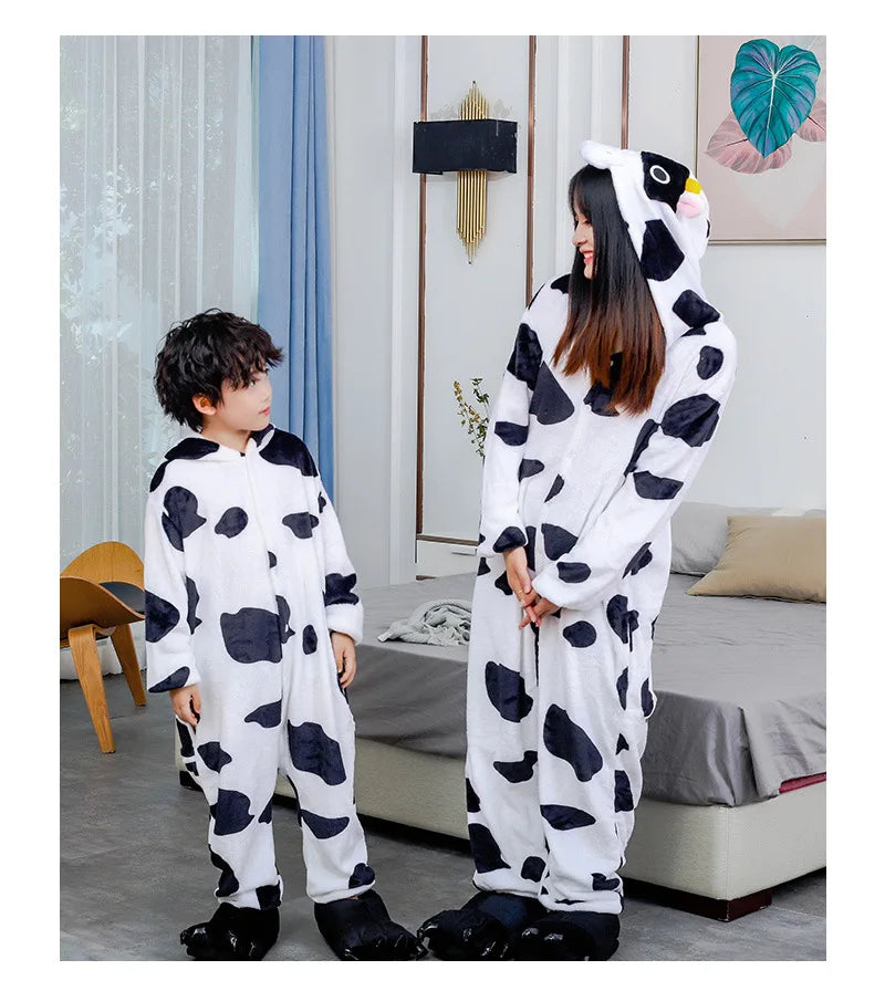 Adults Cow Cartoon Pajamas Animal Onesies Cosplay Costumes Jumpsuit Hooded Sleepwear Halloween One Piece for Performing