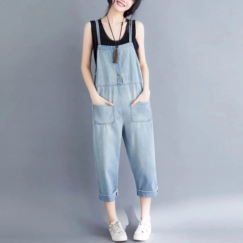 Denim Jumpsuits for Women Harajuku Sleeveless Straight Pants One Piece Outfits Women Capri Pants Loose Casual Vintage Playsuits
