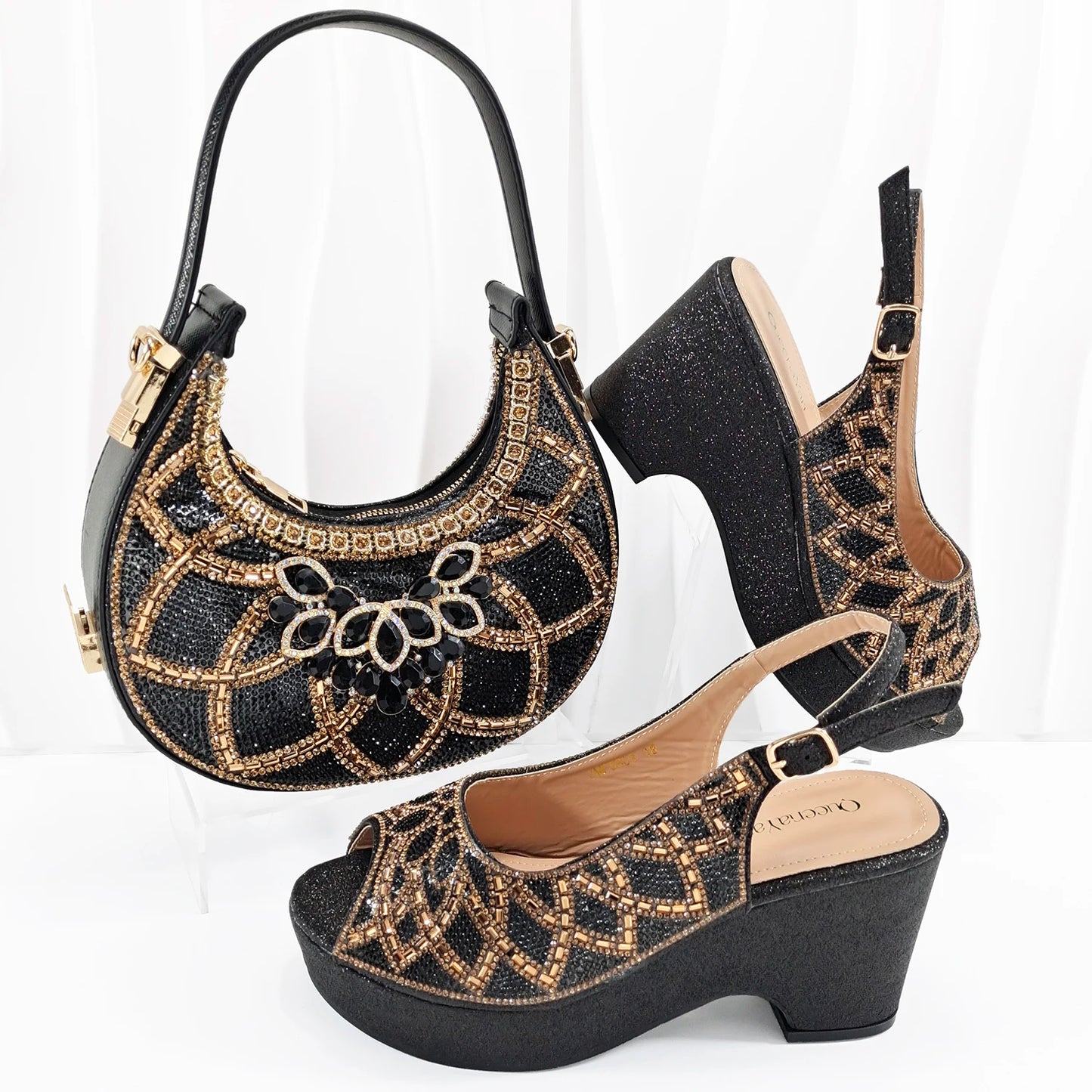 Doershow Italian Shoe and Bag Set New 2024 Women Shoes and Bag Set In Italy gold Italian Shoes with Matching Bag BNM1-6
