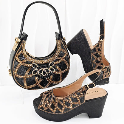 Doershow Italian Shoe and Bag Set New 2024 Women Shoes and Bag Set In Italy gold Italian Shoes with Matching Bag BNM1-6