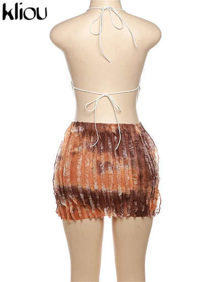 kliou Summer Women Mini Sexy Mesh Two Piece Set K23S37851 Girl Print Ruched Halter Camisole+Hip Skirt Outfit Dance Club Attire