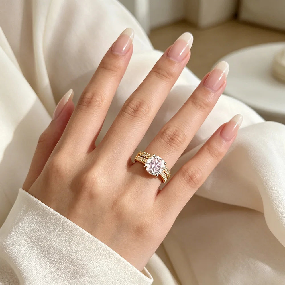 OEVAS 3ct (Total 3.63ct) Round Cut D Color Moissanite Bridal Ring Set Wedding Band 18K Gold Plated 925 Silver Rings Fine Jewelry
