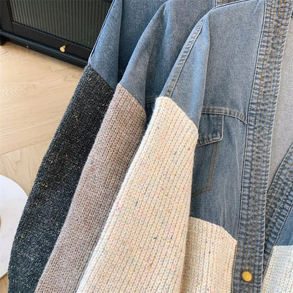 Fat mm200 Pounds Vintage Denim Patchwork Sweater Coat ins Fashion Woman 2024 Autumn and Winter Thickened Loose Niche Cardigan