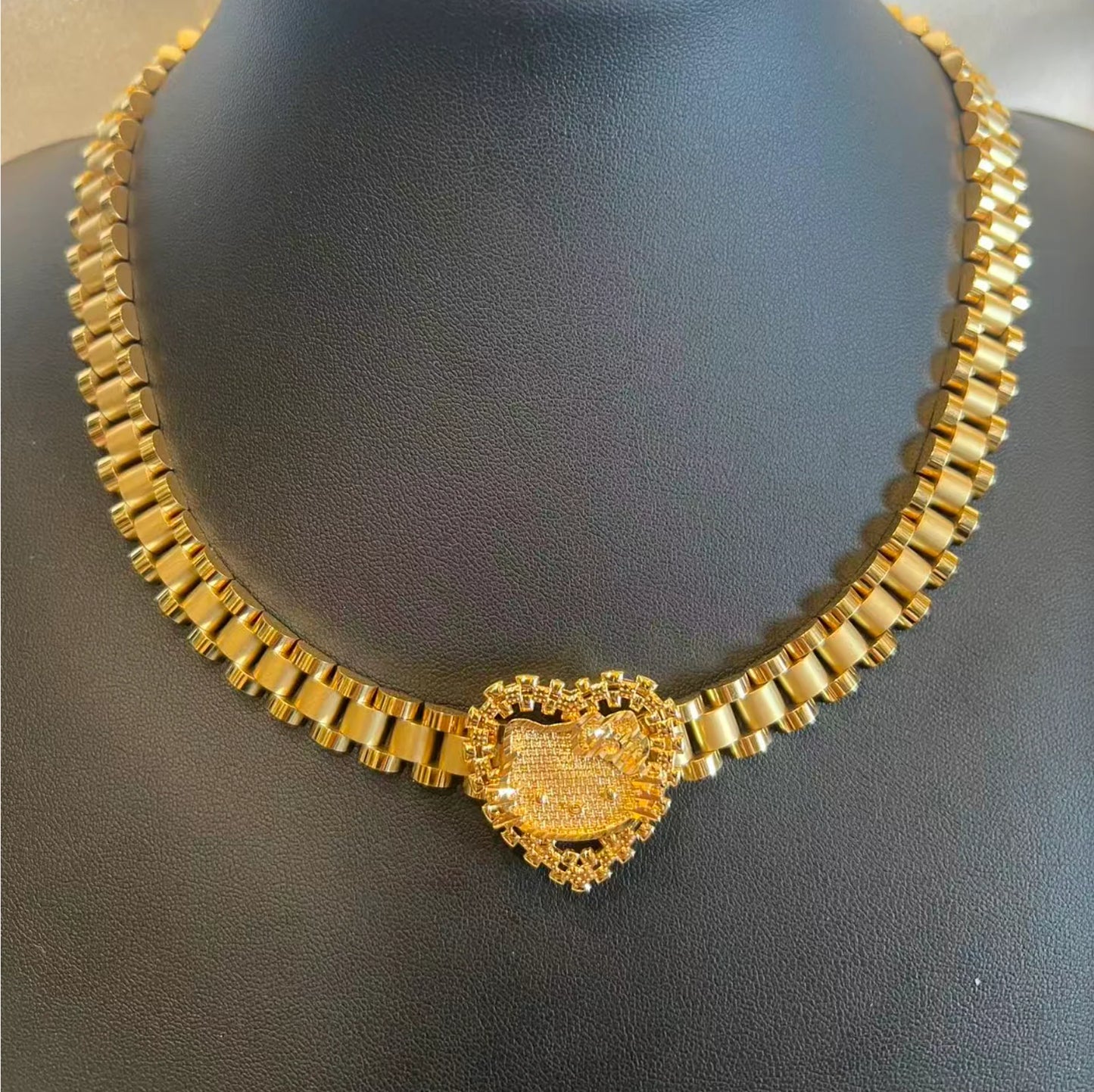 Trendy Stainless Steel Nugget Rollie Chain Diamond CZ Heart Frame Pendant Necklace Fashion Women Chain Jewelry Gift