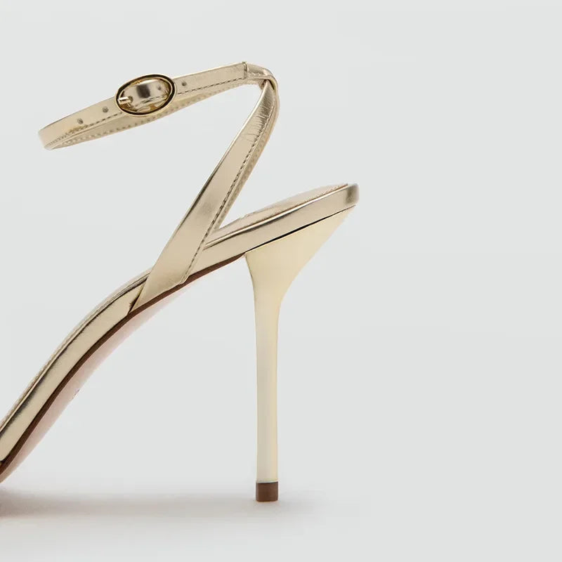 Elegant Ankle Strap Narrow Band Heeled Sandals Women Open-Toe High Heels for Ladies Luxury Metal Buckle Details Designer Shoes