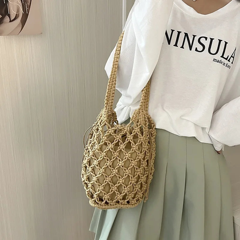 Summer Beach Bag For Women Mesh Rope Knitted Bucket Shoulder Bags  Reticulate Hollow Travel Shopper Totes Ladies Fashion Handbag