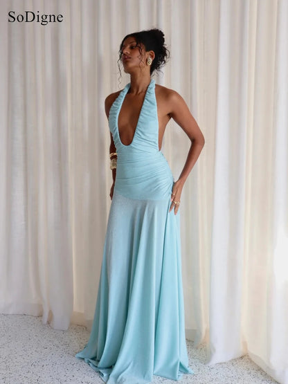 SoDigne Sexy Evening Dresses Pleated Low Cut-out Halter Backless Party Dress Sleeveless A-Line Prom Gowns Summer 2026 Customized