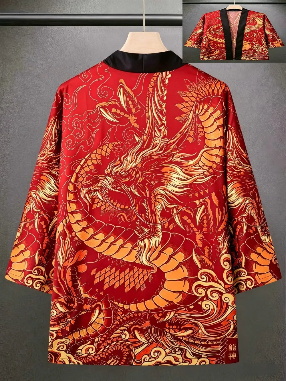 European And American men's Summer Retro Dragon Teng Print Soft And Breathable Open Top Traditional Kimono Outdoor Casual Top