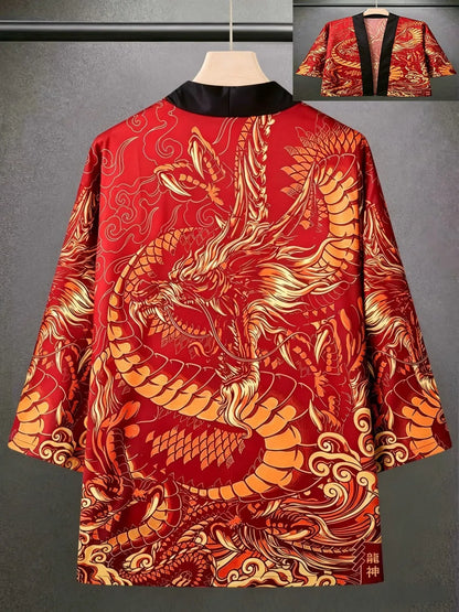 European And American men's Summer Retro Dragon Teng Print Soft And Breathable Open Top Traditional Kimono Outdoor Casual Top