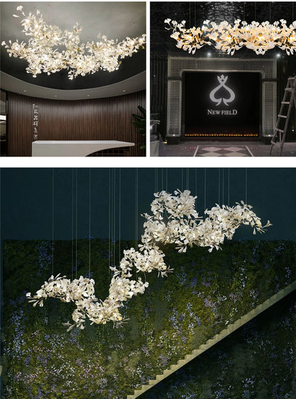 Ginkgo Leaves Loft Hanging Chandelier Light For High Ceiling Staircase Living Dining Room Modern White Porcelain Leaf Chandelier