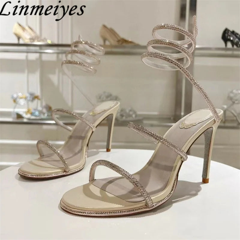 Summer Crystal Gladiator Sandals Women Rhinestone Twine Around Ankle Snake Wedding Shoes High Heels Sandals Woman