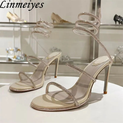 Summer Crystal Gladiator Sandals Women Rhinestone Twine Around Ankle Snake Wedding Shoes High Heels Sandals Woman