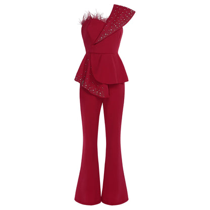 Womens Elegant Wedding Party Jumpsuit Shiny Beads One Shoulder High Waist Rompers Club Evening Banquet Birthday Formal Bodysuit