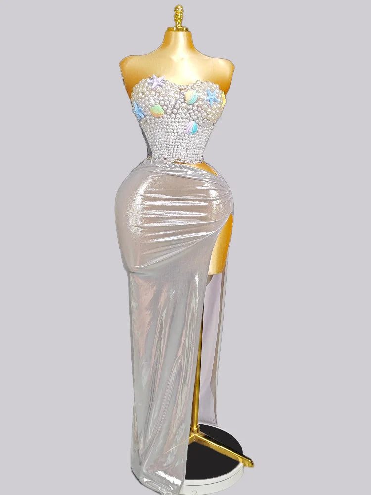 Woman Performance Suit Sexy Pink Backless Strapless Rhinestones Dress Event Costume Dancewear Top And Skirt Birthday Drag Club