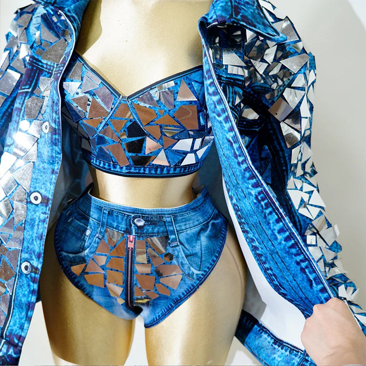 Blue Cowboy Mirror Jacket Women Shiny Stage Performance Costume Party Dance Nightclub Rave Singer DJ Hip Hop Dance Outfit