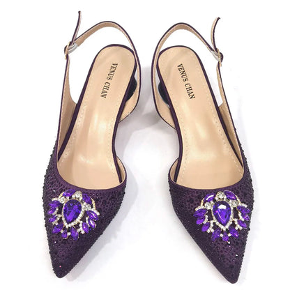Purple 2024 Italian Design Girly Style Opend Toe Shoes And Bag Full Diamond Decoration with Appliques for Wedding Party