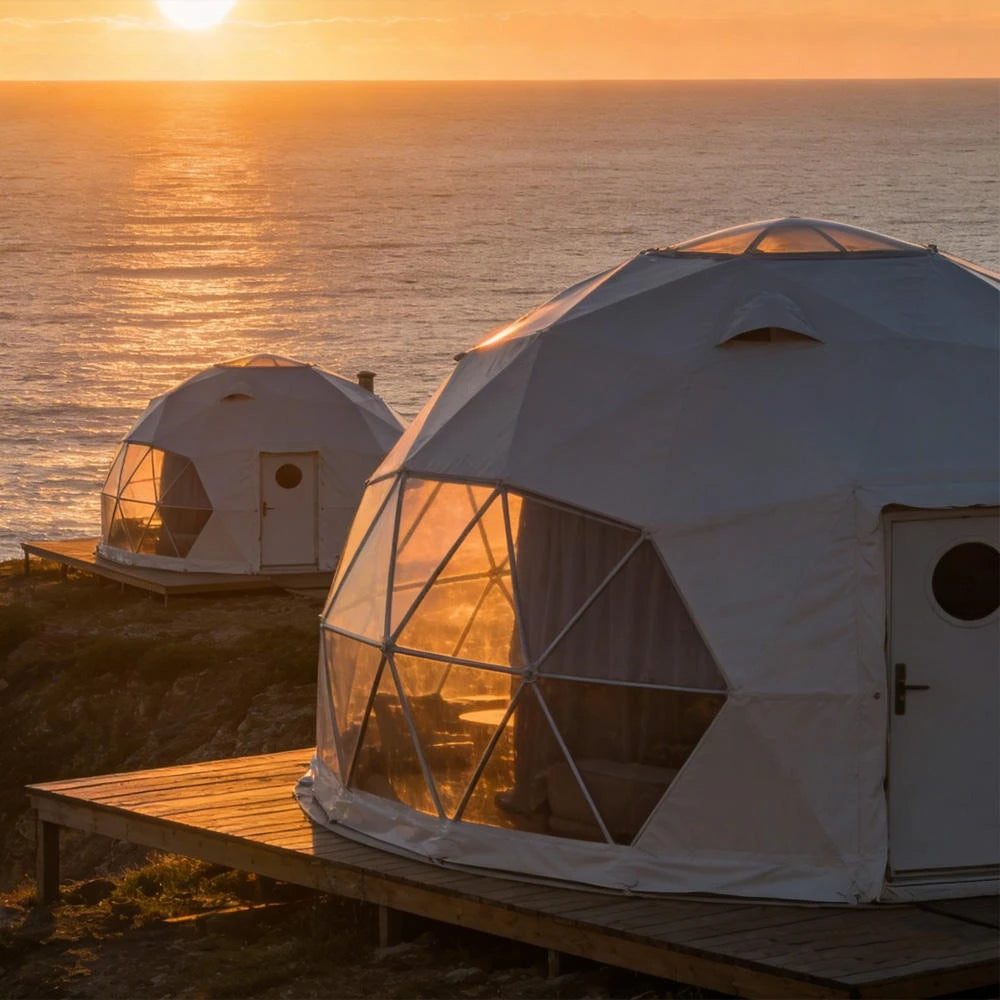 Hot Product Glamping Dome Tent 5m with Damp Proof PVC Windproof for Four Season Family Camping Resort With Dining Bath