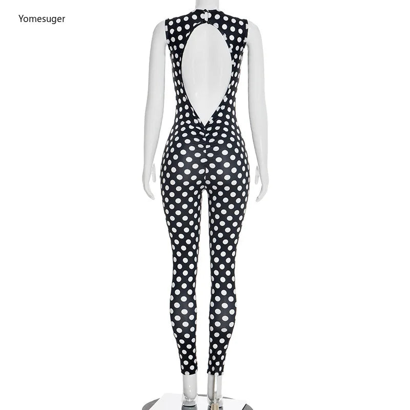 Yomesugar 2026 Summer Women's Polka Dot Printed Backless Jumpsuits Sexy Square Collar Sleeveless Skinny Rompers Party Clubwear