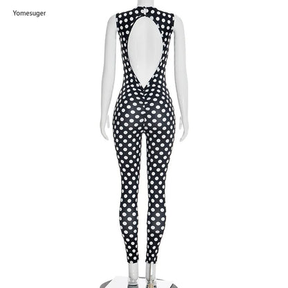 Yomesugar 2026 Summer Women's Polka Dot Printed Backless Jumpsuits Sexy Square Collar Sleeveless Skinny Rompers Party Clubwear