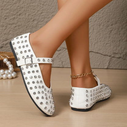 Women's Flat Dress Shoes Bottom Mary Jane Water Diamond Casual Dancing Shoes Genuine Leather Single Shoes Luxury Ballet Flats