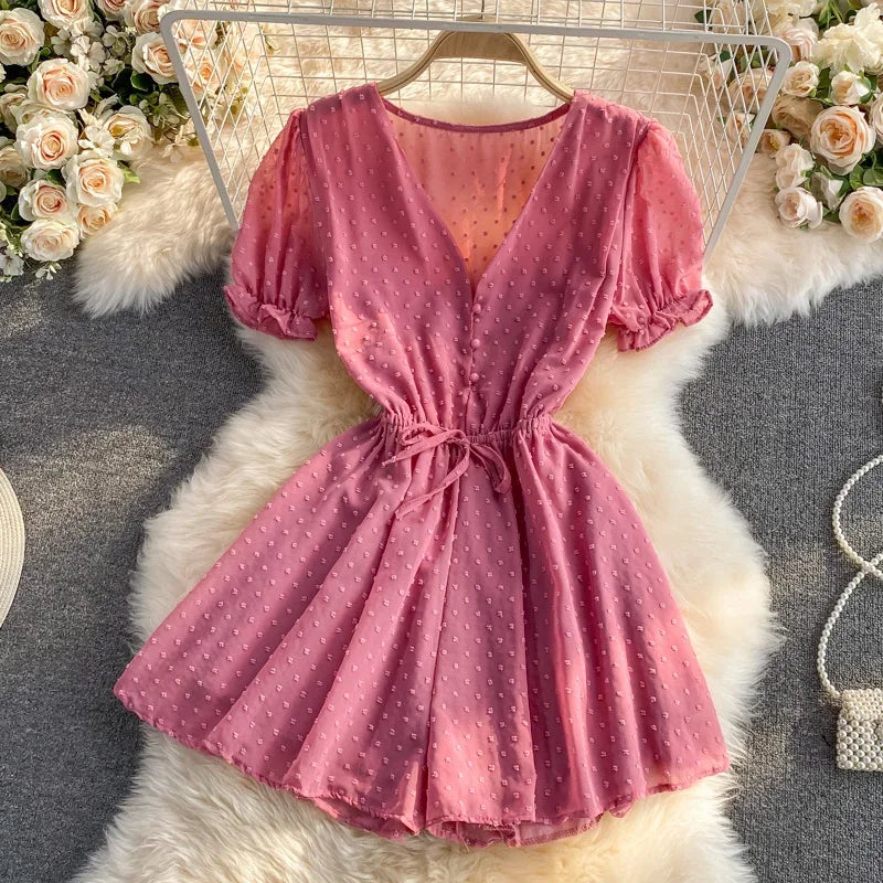 2025 Summer Women Playsuit Polka Dot See Through Thin Beach Rompers Sexy V-neck Short Sleeve Drawstring Sash Slim Waist Overalls