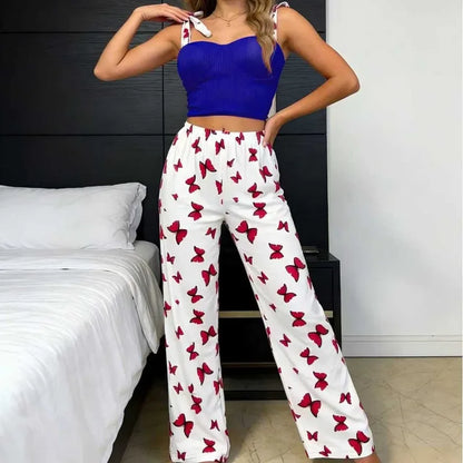 Women's Butterfly Print Tie Strap Cami Long Pants Pajama Set Summer Sexy Lounge Wear 2 Piece Set Female Soft Sleepwear