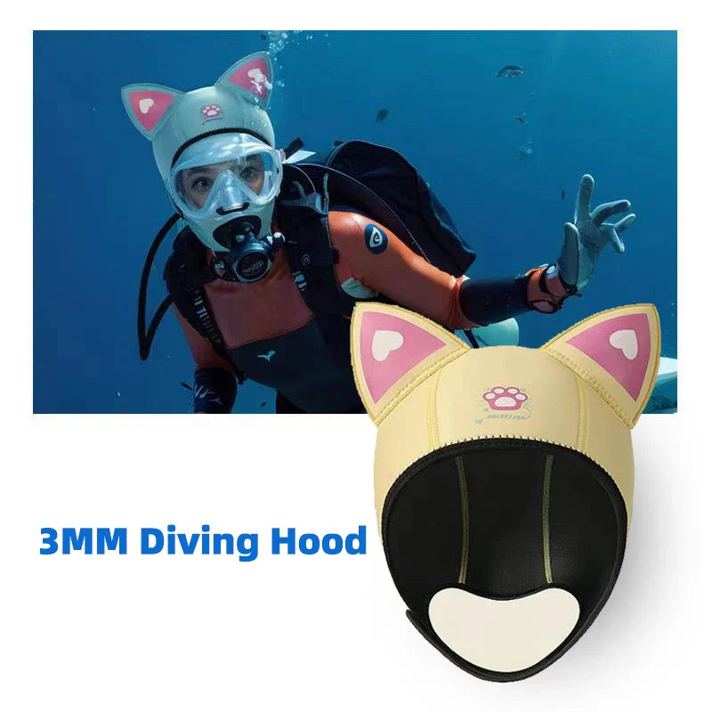 Cool Cute Cat Ears Diving Hood 3mm Neoprene Women Snorkel Scuba Cap w/ Adjustable Chin Strap,Thermal for Surfing & Water Sports