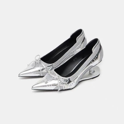 Special Heel Spliced Heels Pointed Toe Heels Women's Fashion Shallow Mouth Bow Non-Slip Mary Jane Single Shoes Large 42