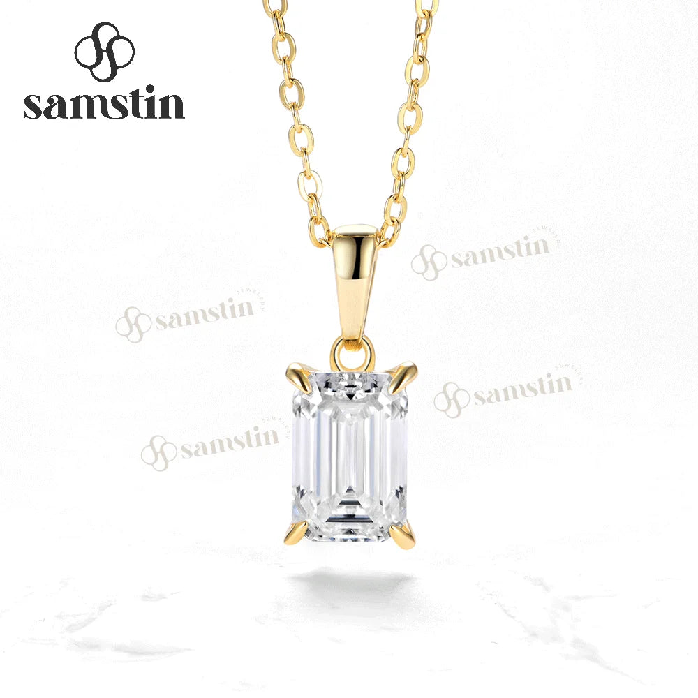 Samstin 2.5CT Emerald Cut Moissanite Necklace for Women Solid 14K 10K Yellow Gold Engagement Necklace for Anniversary Christmas