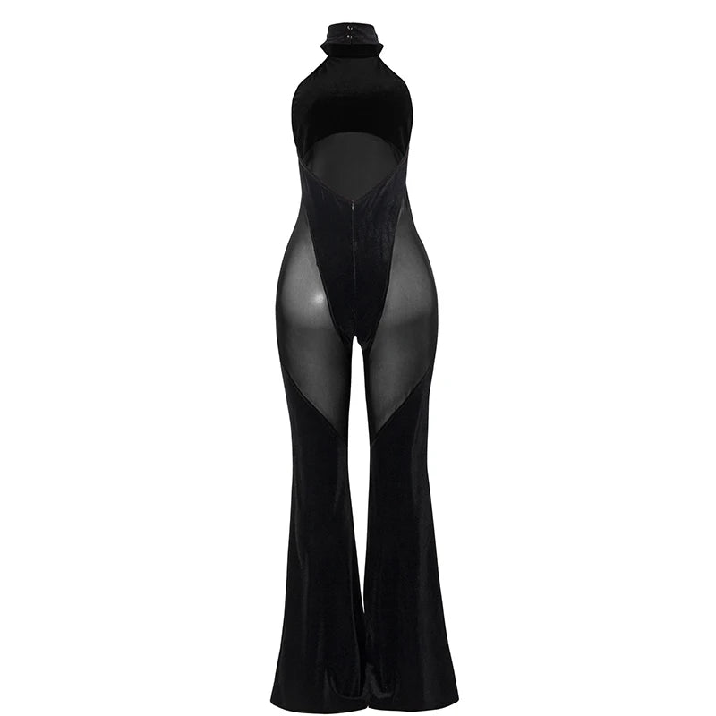 BKLD Women's Hanging Neck Sexy Solid Color Sleeveless Skinny Fashion High Waist Mesh Splicing Casual Jumpsuits Nightclub Outfits