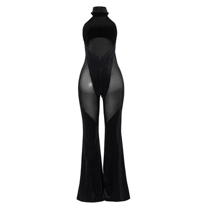 BKLD Women's Hanging Neck Sexy Solid Color Sleeveless Skinny Fashion High Waist Mesh Splicing Casual Jumpsuits Nightclub Outfits