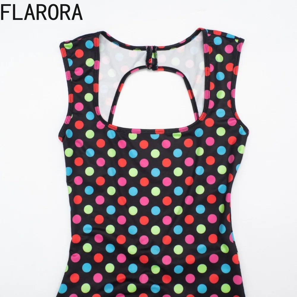 FLARORA Trendy Polka Dot Print Jumpsuit Woman Sexy Square Collar Sleeveless Backless Skinny Peach Hip Romper Hottie Streetwear