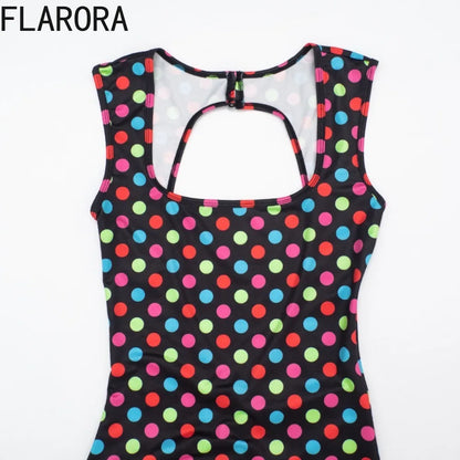 FLARORA Trendy Polka Dot Print Jumpsuit Woman Sexy Square Collar Sleeveless Backless Skinny Peach Hip Romper Hottie Streetwear