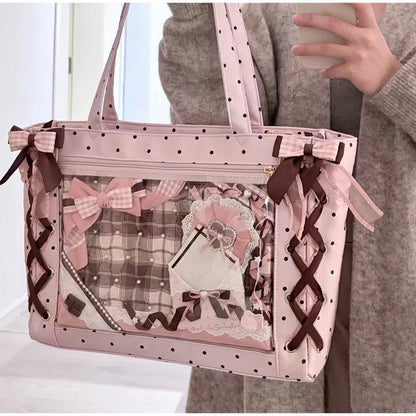 Sweet College Style Ribbon Ita Bag Women Fashion Shoulder Bags Large Capacity Tote Bag For Daily Commuting Transparent Handbag
