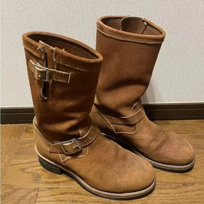 Dark Brown Suede Work Boots Men's and Women's Engineer Ort Shoes American Retro Moto Boots Faded Mid-Calf Shoes Motocross Boots