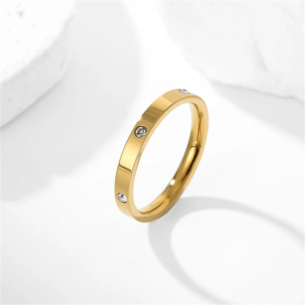 Women's Gold Ring 2mm Thin Silver Color Titanium Stainless Steel Crystal Wedding Rings for Woman Girl Elegant Jewelry Anello